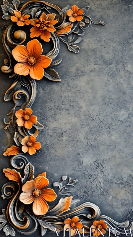 3D orange floral frame against textured slate background.