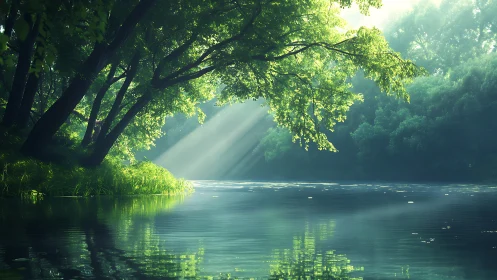 Sunlit forest river shows slanted trees and calm reflections