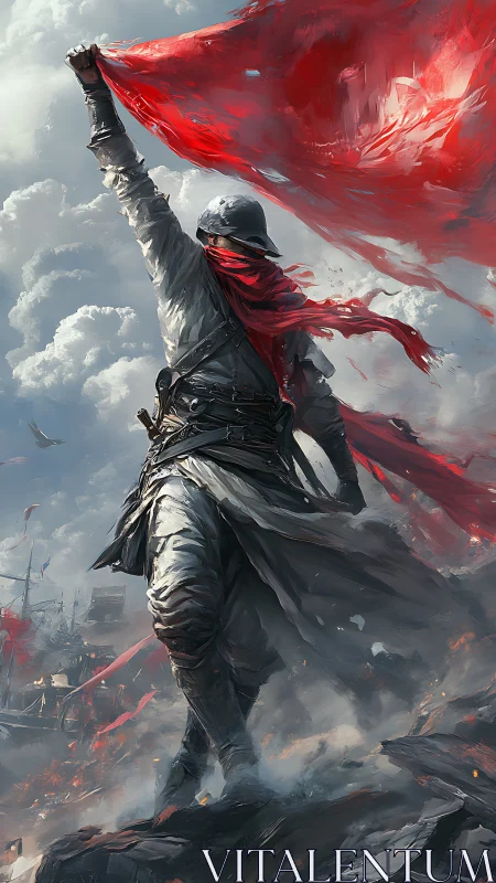Revolutionary warrior raises a blazing red banner to victory