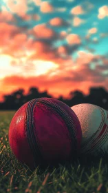 Cricket balls on grass under vivid sunset sky.