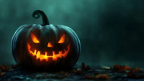 Glowing jack o’lantern smiles warmly on a misty Halloween night