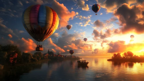 Sunlit hot air balloons drift above glowing river horizon.