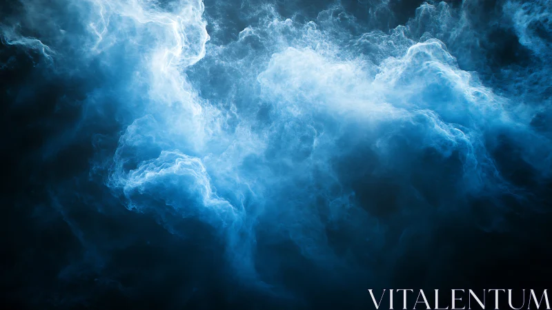 Blue illuminated cloudlike smoke swirls against dark background