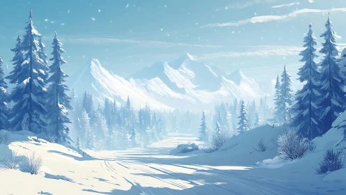 Snow-laden conifer forest with alpine ridge under diffuse light.