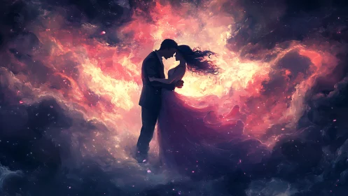 Passionate Embrace Ablaze Within Cosmic Fire.