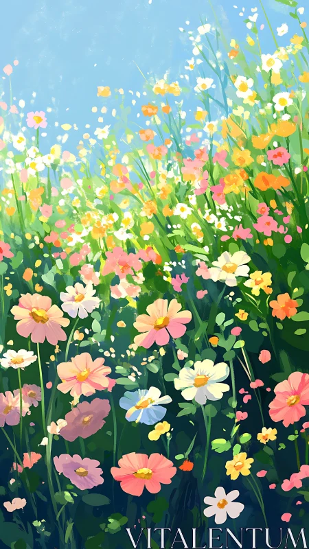 Wildflower Meadow with Luminous Sky and Layered Botanical Composition.