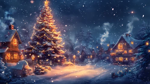 Snowy village Christmas tree glowing under a starlit sky.