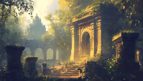 Sunlit overgrown temple gate anchors atmospheric jungle ruins