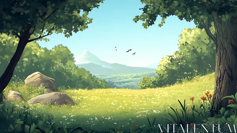 Serene Valley Hidden Among Towering Trees and Wildflowers.