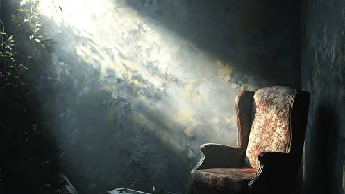 Sunlit floral armchair cradled in a quiet, decaying room.