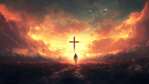 Solitary figure on path toward cross under luminous sky.