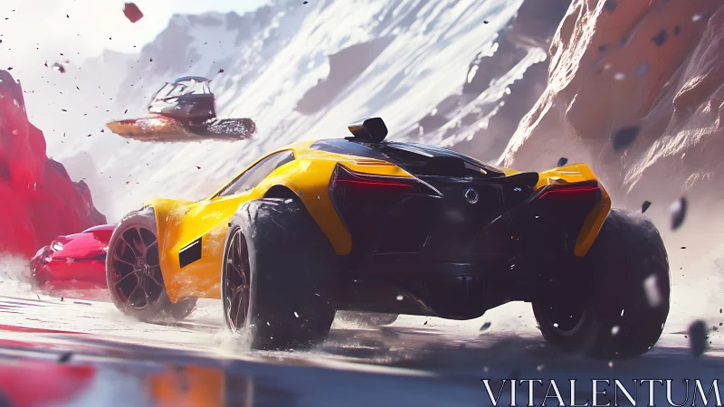 Off-road hypercar drifts through icy canyon dust storm.