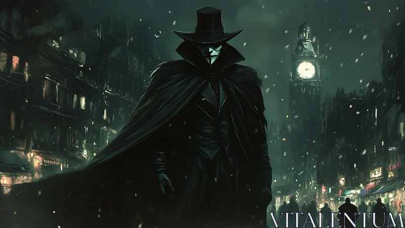 Masked vigilante dominates stormlit Victorian city street.