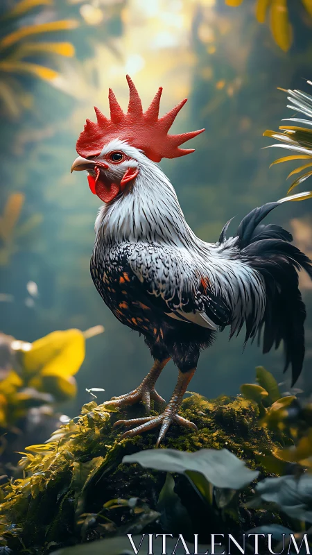 Majestic Rooster Portrait Standing Alert Among Nature.