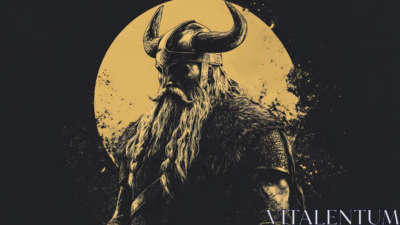 Viking warrior silhouette before bold circular backdrop.