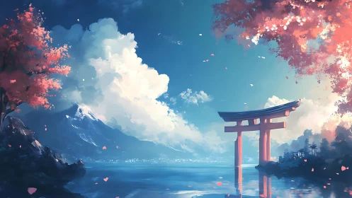Torii gate on tranquil lake beneath towering cumulus clouds