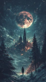 Lone figure approaching moonlit spired citadel in snowy gorge