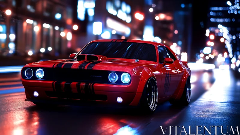 Red retro sports car on wet city street at night.