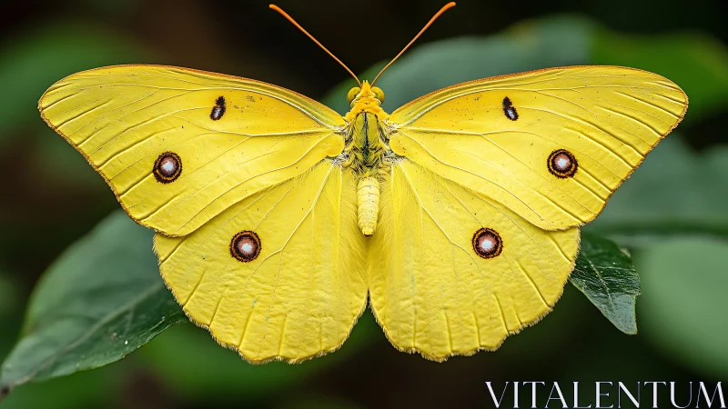 Yellow butterfly with eyespots rests on vivid green leaf