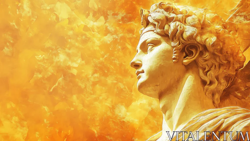 Radiant golden statue gazes upward in warm celestial light