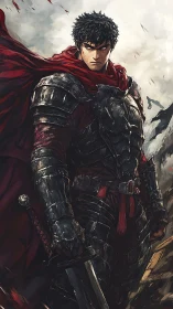 Armored swordsman stands in wind with red cloak flowing