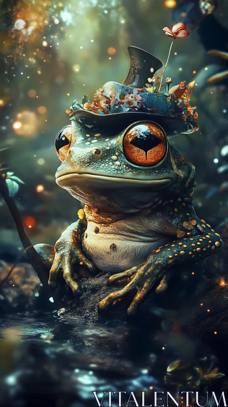 Fantasy frog in ornate hat beside reflective forest stream.