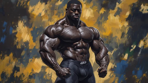 Muscular bodybuilder dominates bold abstract backdrop.