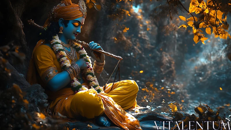 Divine blue figure playing flute amid bokeh-lit forest glade