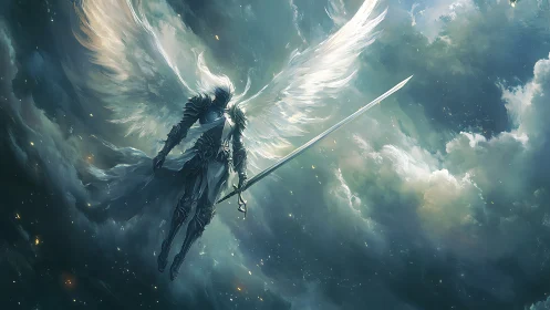 Armored seraph descending with sword through storm clouds.