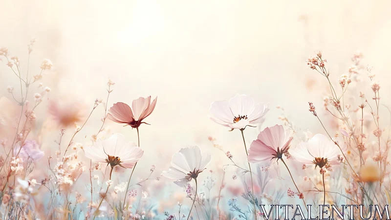 Soft-Focus Cosmos Bloom: Delicate Wildflowers in Warm Light