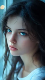 Blue-eyed girl lit by window glow in soft cool tones