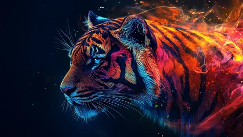 Neon tiger emerges from swirling cosmic fire and darkness
