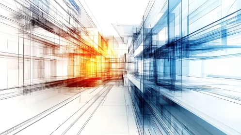 Futuristic architectural wireframe corridor with vibrant digital colors.