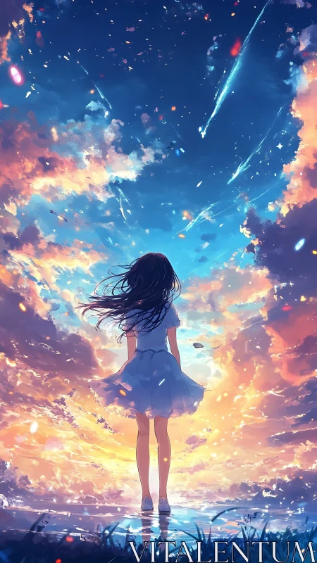 Stargazing girl quietly stitches wishes into falling skies