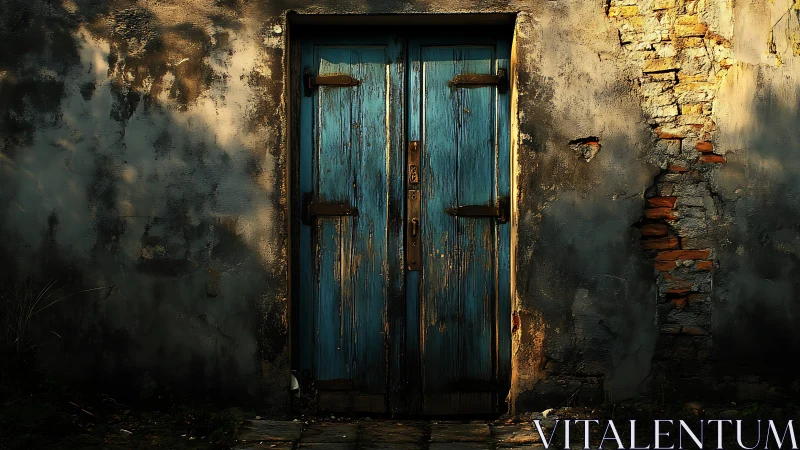 Weathered blue door cuts through crumbling shadowed wall.