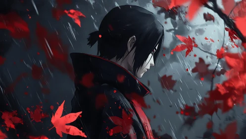 Melancholic anime profile amid red maple storm dynamics.