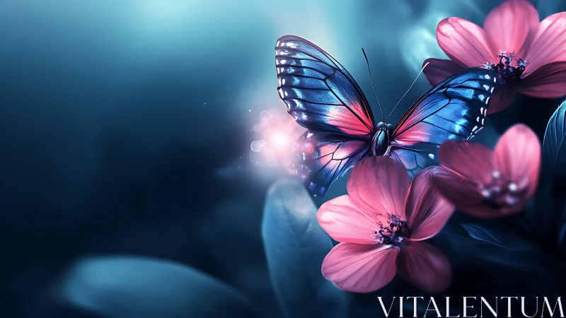 Glowing blue butterfly over luminous pink blossoms.