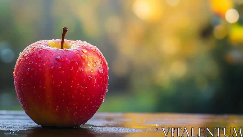 Ripe red apple rests in dewy light against soft bokeh glow