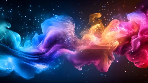 Digital painting of nebular color currents in deep space panorama.