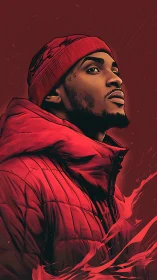 Crimson city dreamer wrapped in winter courage and light.