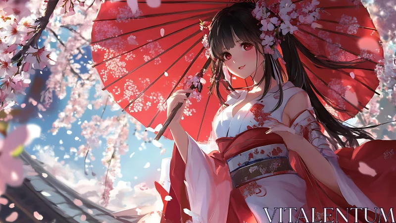 Girl in kimono holds red umbrella under falling cherry blossoms