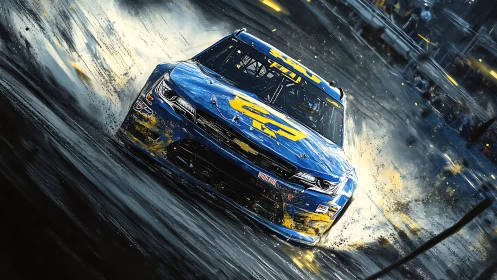 Blue stock car on wet track with motion blur and debris.