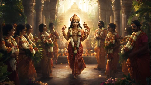 Hindu temple procession with central deity figure and devotees.