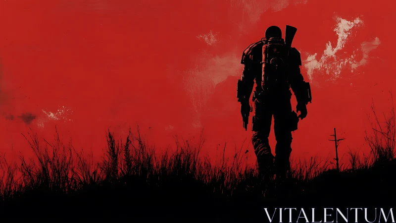 Silhouetted armored figure on red background landscape.