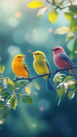 Chromatic songbirds on branch in soft teal bokeh grove.