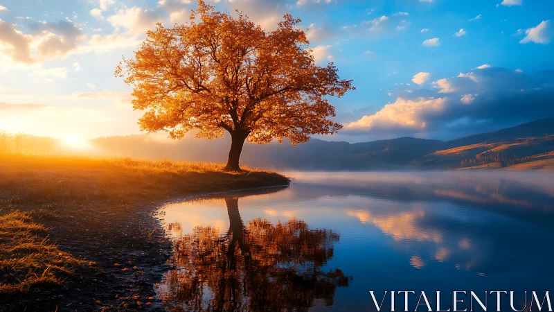 Golden lakeside tree glows at sunrise over still water