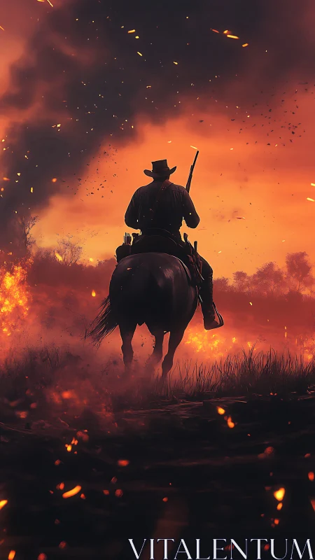 Cowboy on horseback rides through blazing inferno landscape.