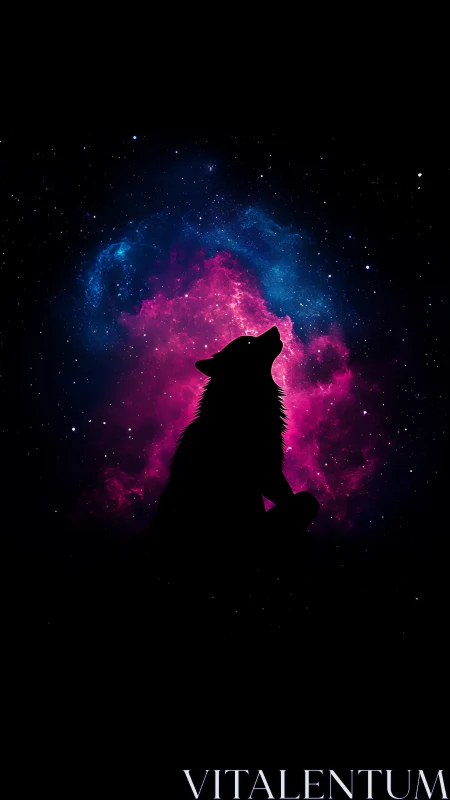 Silhouetted wolf profile against magenta and blue nebula field.