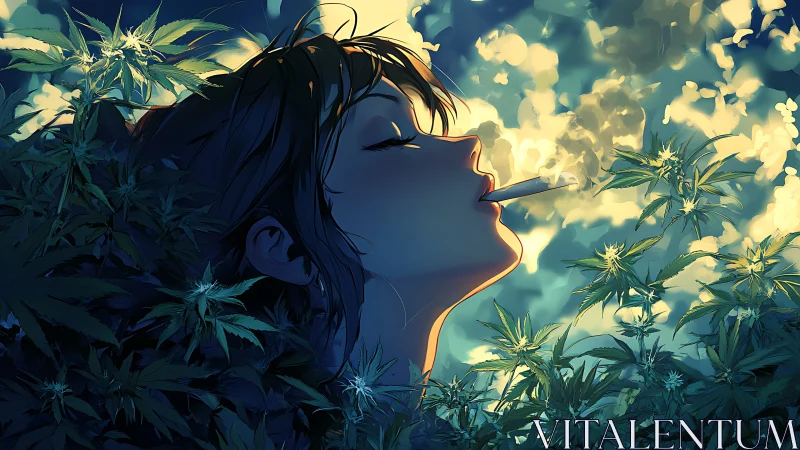 Anime girl smoking among glowing cannabis plants at dusk.