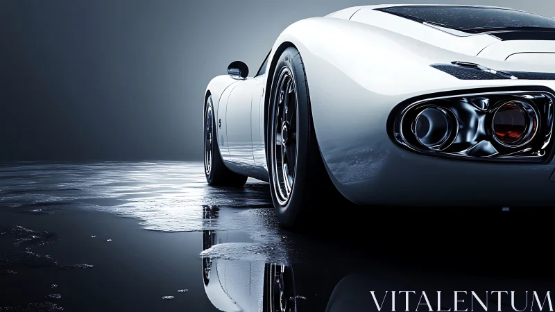 Midnight silver speedster idles over mirror-wet asphalt.